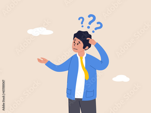 Cognitive illness concept. Memory loss, forget things to do or dementia cannot remember anything, confusing brain problem, confused businessman in trouble losing memory thinking what he forget.