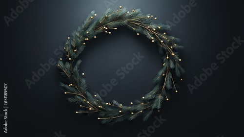  a christmas wreath with lights on a dark background with a place for the text. generative ai