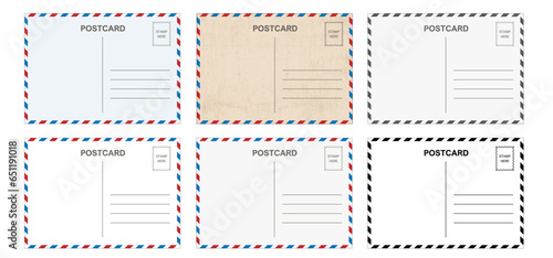 Backside blank travel postcard with dirty stain. Vector Air mail par avion postage stamps, stamp old post card. Empty back side template tag. Postale set, print address, track trace. Airmail, postal