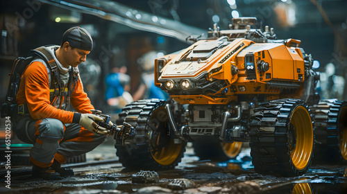 Man engineer repairs surface rover robot, moon rover. Service technical station for all-terrain vehicle research robots.