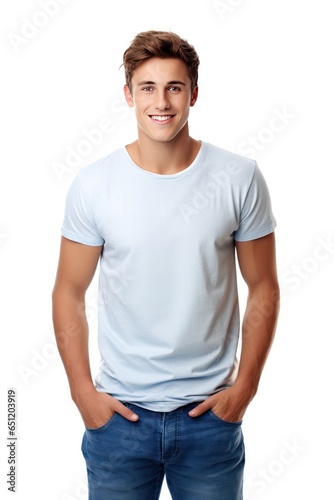 Handsome College Boy with Captivating Aura, Well-Proportioned Frame, Casual Tee and Jeans Reflect Relaxed Style, Approachable Demeanor and Engaging Smile Invite Connection