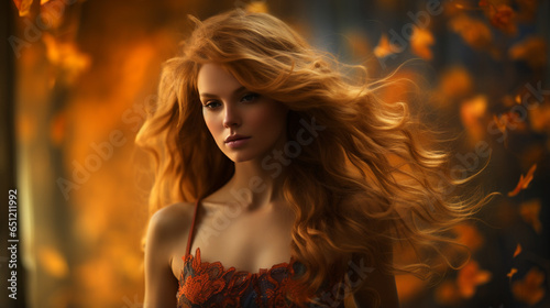A fiery-haired muse dances against a canvas of autumn's embrace. Leaves of gold and crimson cradle her ethereal presence, a union of elegance and nature's vibrant palette. 