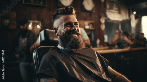 Time for new haircut. Handsome young bearded man looking at his reflection in the mirror and keeping hand in hair while sitting in chair at barbershop
