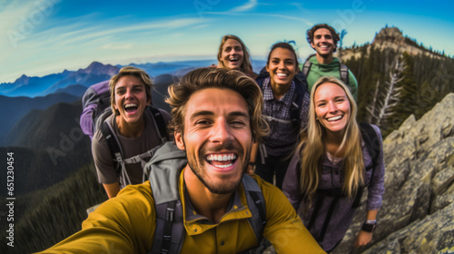 Group of travelers and friends hiking in the mountains smiling and having fun doing amazing trekking and taking selfies together. concept of living outdoor adventure style of mountain climbers