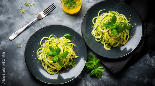 a plate of zucchini pasta with basil on a gray table