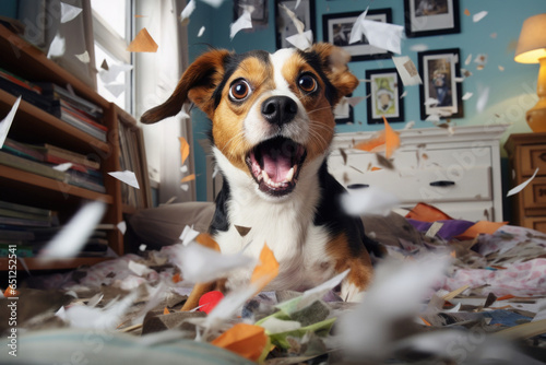 Happy dog make mess in living room. Naughty pet damaged apartment