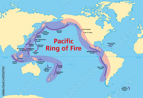 Pacific Ring of Fire, map with oceanic trenches. Also known as Rim of Fire, and as Circum-Pacific Belt. Region around the rim of the Pacific Ocean, where many volcanic eruptions and earthquakes occur.