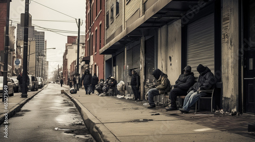 Homeless encampment on a gritty street in the inner city. 