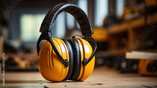 Close up of orange earmuffs on table in workshop. Safety, construction concept.