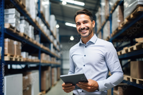 smiling and laughing salesman in a hardware warehouse standing checking supplies on his tablet.