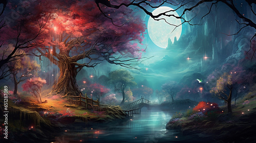 A breathtaking and magical scene featuring a unicorn and a fairy in a moonlit glade