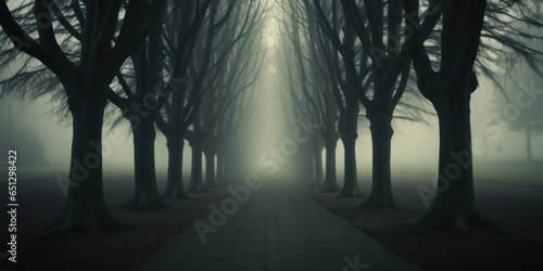 dry trees in a foggy misty morning. Road, driveway, path, boulevard, byway, route, track, trail, street, row of trees.