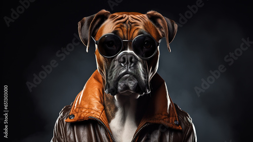 Cool looking boxer dog wearing leather jacket and sunglasses isolated on dark background. Digital illustration generative AI.
