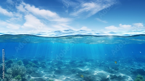 Split view horizon of blue sky with clouds and sunlight and blue underwater ocean. Breathtaking Oceanic Panorama - with copy space to insert ads.