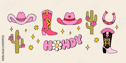 Set of cute cowboy accessories, cactuses and lettering howdy. Vector illustration in retro groovy style. Pink cowgirl party concept