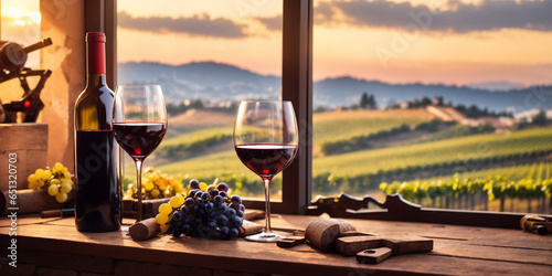 Red wine tasting in the wine cellar, wineglass and bottles next to the window and panoramic view of vineyards at sunset 