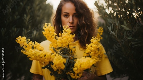 Woman holding bunch of yellow wattle flowers