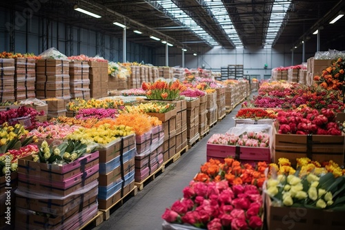 Assorted vibrant flowers neatly arranged in boxes inside a refrigerated warehouse, prepared for import and transportation for sale. Generative AI