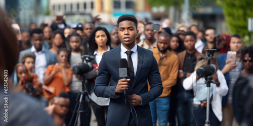 man public black speaker giving speech in front of tv camera or breaking news reporter covering live news media and television press headlines standing in the middle of the street holding microphone