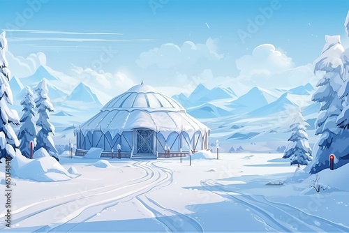 Illustration of winter landscape with a futuristic yurt in the snowy North Pole. Generative AI