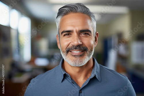 Middle aged latino man in office, indoor portrait