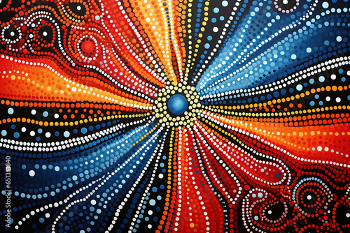 Australian Aboriginal dot painting style art with people and landscape.