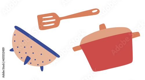 Pot and colander with turner spatula vector illustration editable sketch kitchen utensils
