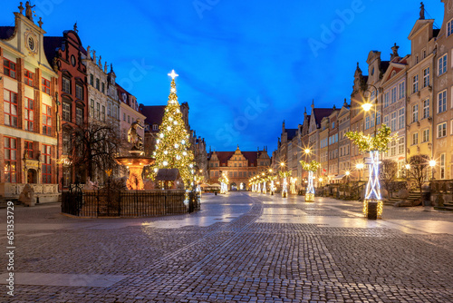 Christmas tree and illumination on Long Market Street at night in Old Town of Gdansk, Poland