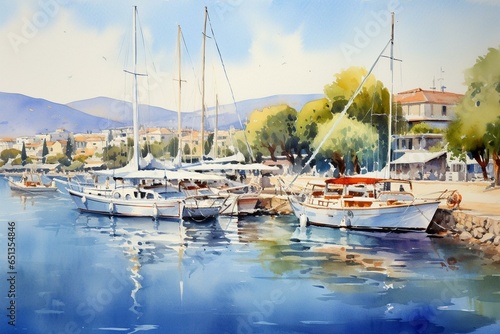 Watercolor painting of yachts in Bodrum harbor, a coastal town on the Aegean Sea. Generative AI