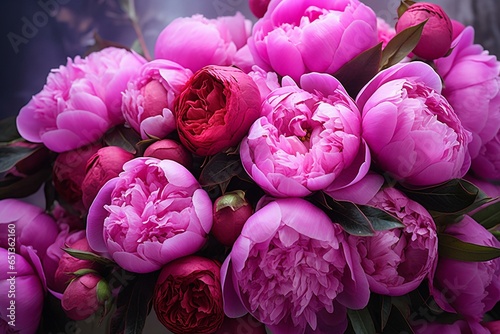 Stunning vibrant pink peonies bouquet up close. Generative AI