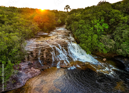 Scenic aerial view of Iracema Presidente Figueiredo waterfall at sunset in Brazil