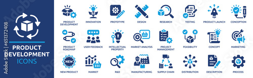 Product development icon set. Containing innovation, prototype, design, research, testing, product launch, conception and marketing icons. Solid icon collection.