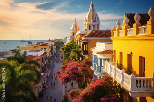 Scenic view of a church and the historic town in Cartagena, Colombia. Generative AI