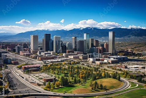 Aerial view of downtown skyline in Denver, Colorado. Generative AI
