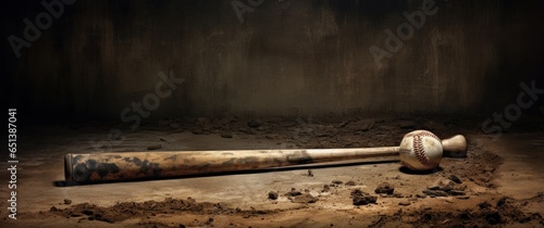 Baseball bat and ball on the dirt floor. Generative AI