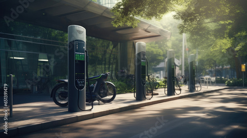 A sustainable transportation hub with electric vehicle charging stations and bike-sharing facilities in an ecological setting