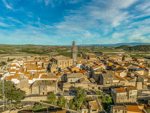 Aerial panoramic view of Briones, medieval hilltop village with Gothic church and ruined castle above the Ebro river in Rioja Spain