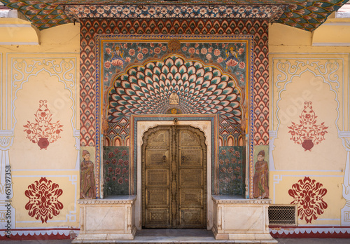The Southwest Lotus Gate, dedicated to Shiva and Parvati, represents the summer season at The City Palace, Pink City, Jaipur, Rajasthan, india