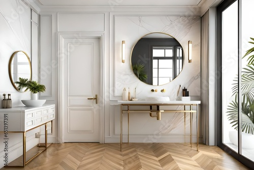 An elegant white washbasin stands on a white shelf. A round mirror hangs above it. White marble bathroom interior. 3d render mock up. Bathroom interior