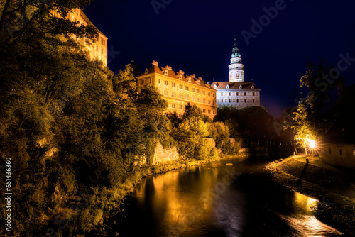 Evening at the Vltava River in Beautiful Cesky Krumlov in the Czech Republic, with the Castle Dominating the City