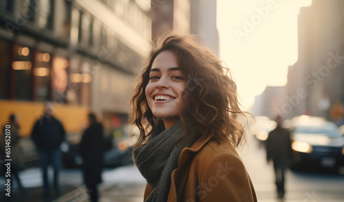 街を歩く笑顔の女性