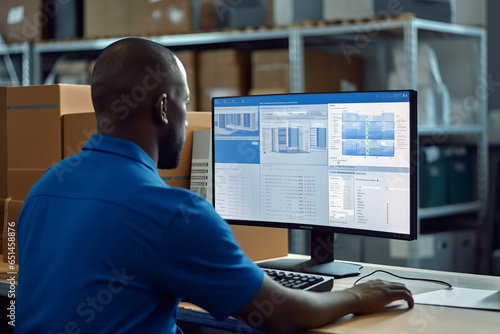 Warehouse worker viewing a spreadsheet on a computer screen at factory.