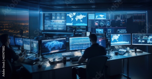 network security team in a cutting-edge control room, seeking potential cyber vulnerabilities