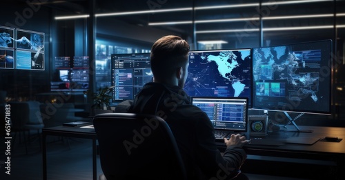 cyber defense agents in an advanced operations hub, meticulously identifying cyber threats