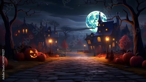 Halloween background with castle, pumpkins and moon - 3d render