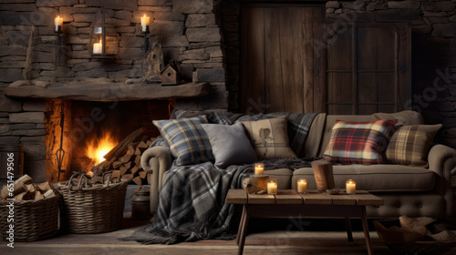 Rustic Comfort A cozy space features a plaid sofa, a wooden coffee table with visible grain, and a stone fireplace Antique lamps and woven throw blankets add rustic charm