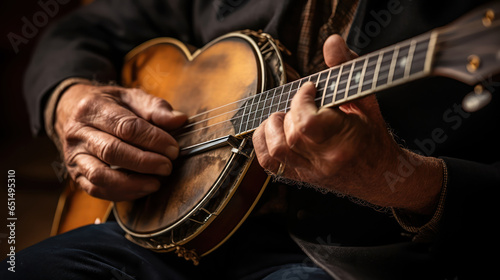 Hands strumming a mandolin
