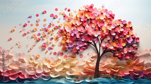 Artificial tree made of colorful paper flowers on pastel background. 