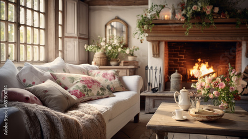 Scandinavian Cottage Charm Floral patterns, a cozy chintz sofa, and a wooden coffee table create a cottage-inspired atmosphere A brick fireplace adds character