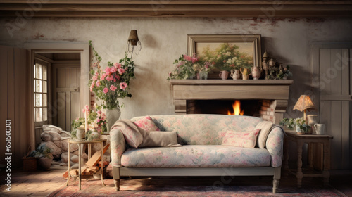 Scandinavian Cottage Charm Floral patterns, a cozy chintz sofa, and a wooden coffee table create a cottage-inspired atmosphere A brick fireplace adds character